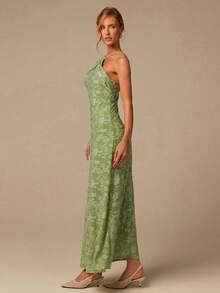 COSMINA Elegant Women's Green Floral Mesh Fabric A-Line Long Dress With Knot Spaghetti Strap Neckline Flared Hem - Green - View 6
