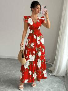 Rafferiza Đầm nữ cổ chữ V tay ngắn, họa tiết phối màu tương phản lãng mạn. - Đỏ - Xem 4