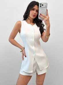 Firerie Women's Spring/Summer New Elegant Casual Office Commute Apricot Linen Bamboo Knot Round Neck Waist Button Shirt Vest Top And Faux Linen Shorts - Apricot - View 1