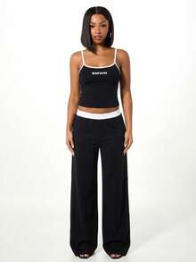 SUMWON WOMEN 女士黑色家居套装，白色撞色滚边吊带背心搭配阔腿裤，饰有品牌标志，舒适宽松版型 - 黑色 - 查看 3