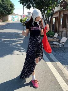 DAZY Women's Black Asymmetrical Ditsy Floral High Waist A-Line Mini Skirt, Summer - Blue - View 3