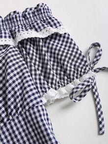 SHEIN Sweetro Women's Halloween Outfit, Thanksgiving Outfit, New Year Outfit, Suitable For Party, Commute, Daily, Travel, Vacation. Fashionable Off Shoulder Ruffle Trim Plaid Shirt, Sweet Bow Tie Waist Short Sleeve Blouse - Blue and White - View 7