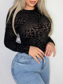 BamGleam Body de malla con estampado de leopardo y parches de patrones de animales (sin incluir ropa interior), conjunto sexy para fiesta de club para mujeres - Negro - Ver 3