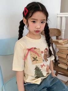 DAZY Young Girls' Round Neck Cartoon Korean Style Christmas Bow Tie T-Shirt Spring - Apricot - View 1