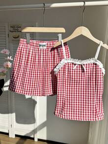 SHEIN 2件套少女休闲可爱格子吊带背心和配套短裤套装，适合日常、通勤、休闲、外出，适合春夏穿着。 - 紅色 - 查看 4