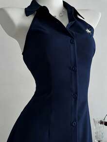 Elamini White Sleeveless Embroidered Fitted A-Line Dress, Spring/Summer - Navy Blue - View 5