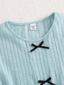 Girls Bowknot Design Knit Long Sleeve Round Neck Top + Casual Ruffle Hem Comfortable Loungewear, Spring/Autumn - Navy Blue - View 3