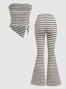 SHEIN Teen Girls Black & White Knitted Jacquard Cropped Camisole & Asymmetrical Hem Flared Pants 2 Pieces Casual Vacation Set - Black and White - View 2