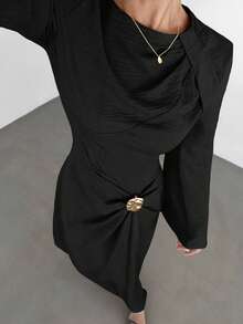 女士纯色扭结细节金属扣装饰喇叭长袖连衣裙，女士婚礼宾客礼服，女士冬季正式礼服 - 黑色 - 查看 6