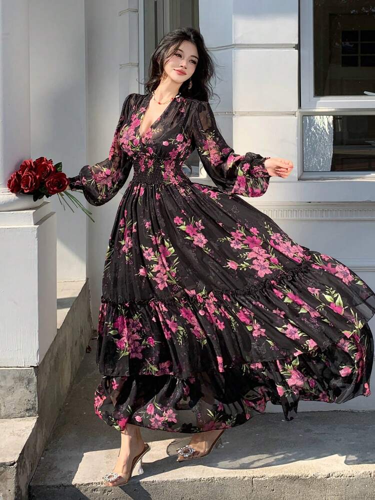 V-Neck Lantern Sleeve Printed Waist Flared Dress For Women, Elegant Design Summer Boho