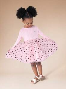 SUMWON Robe ajustée et évasée à manches longues avec jupe en tulle imprimé nœud pour jeunes filles, tenue décontractée pour le printemps et l'été, idéale pour les vacances - Rose bonbon - Voir 5