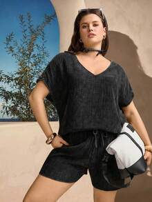 Comfylo 2pcs/Set Plus Size Dark Green Summer Outfits,Smart Casual Button Decor Top And Elastic Waist Shorts Set,Versatile Vacation Lounge Wear For Women - Black - View 9