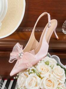 CUCCOO HITCHD 女士尖头中跟蝴蝶结装饰高跟鞋，派对鞋 - 嫩粉紅色 - 查看 7