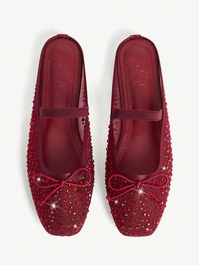 CUCCOO CHICEST Women Shoes Fashion Burgundy Full Diamond Mesh Bow Mary Jane Flat Muller Shoes Elegant When Comfortable Cute Sweet Women Flat Shoes Valentine's Day