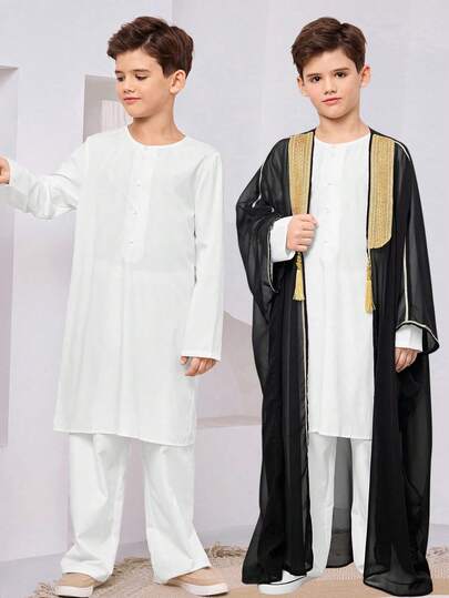 SHEIN 2pcs Kids/Tween Boys Casual Everyday Comfortable Ribbed Trim Half-Zip Pullover And Solid Color Woven Shirt With Long Pants Set