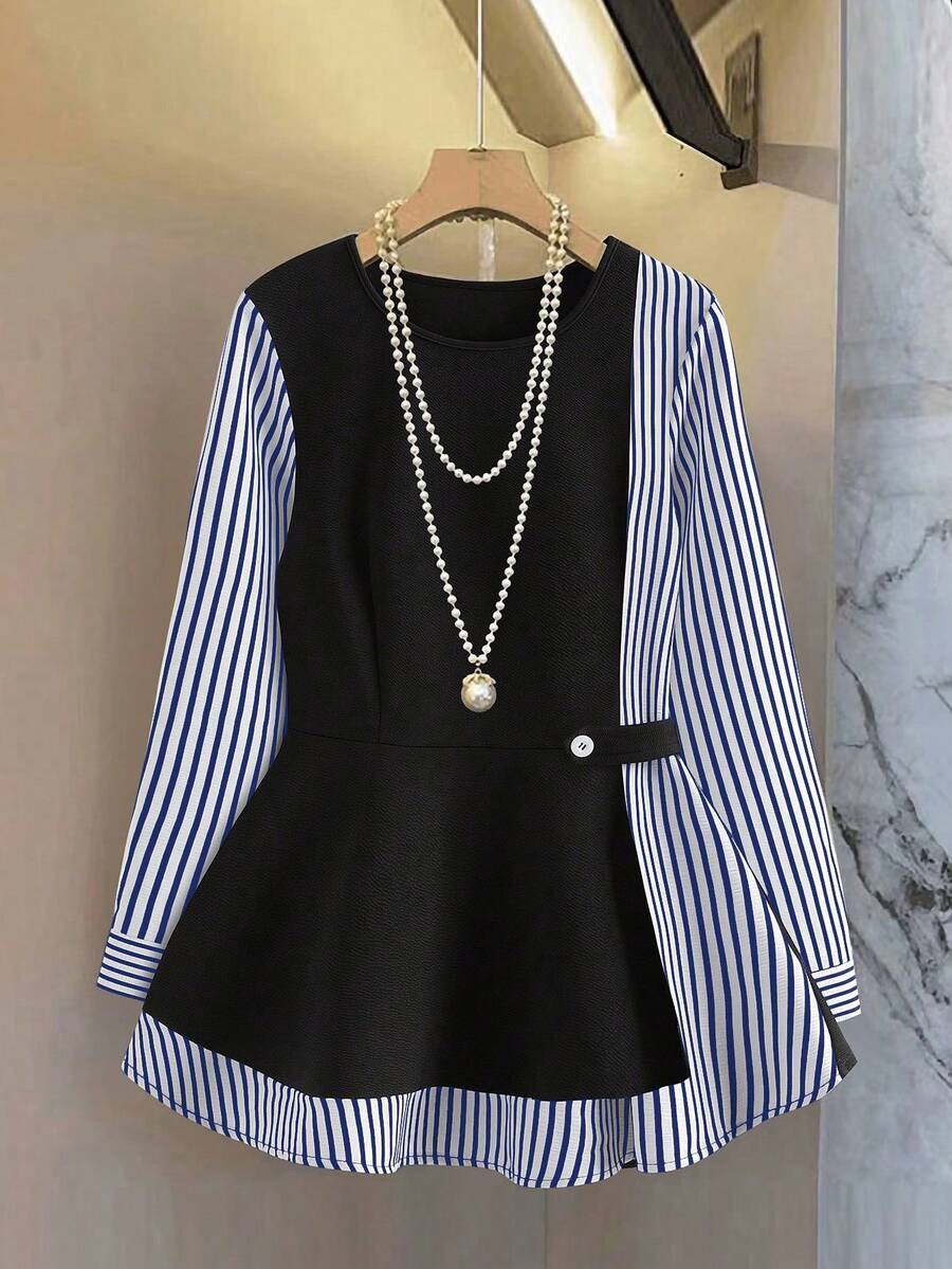 GlowEve 女士新款条纹拼接圆领长袖收腰时尚休闲衬衫 - 藍色 - 查看 1