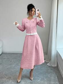 Elenzga Blue & White Patchwork Sleeveless Jacket With Button Pockets, Elegant Casual Commuter Dress - Pink - View 4