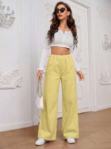 SHEIN LUNE Solid Color Elastic Waist Straight Loose Casual Versatile Jeans - Yellow - View 3