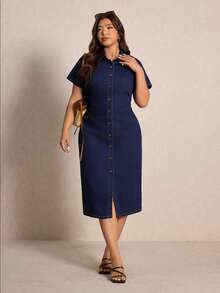Elaquor Plus Size Casual Commuter Front Button Fitted Denim Dress - Dark Wash - View 4