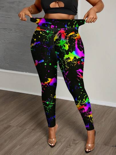 Slaydiva Plus Size Women Splatter Print Leggings, Suitable For Party Outfits