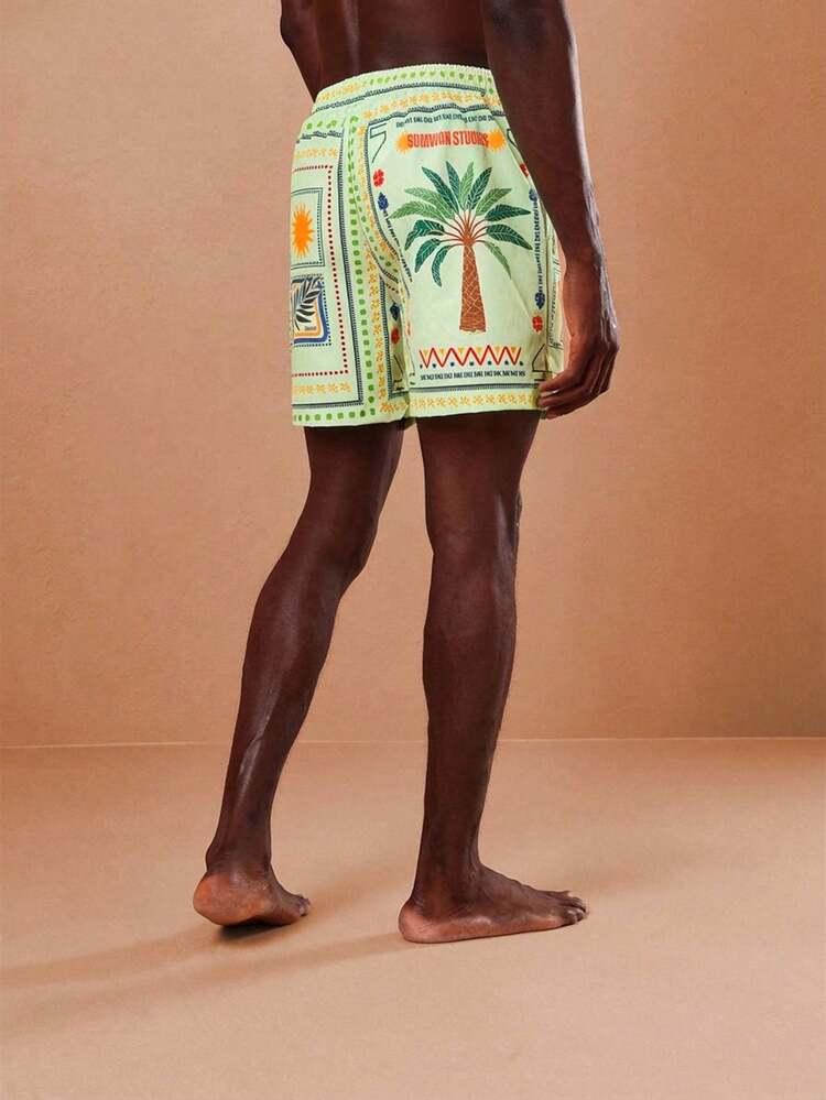 SUMWON Pantaloncini da spiaggia estivi con stampa tropicale e motivo a palme, vestibilità regular, con chiusura a scorrimento, adatti per vacanze e resort