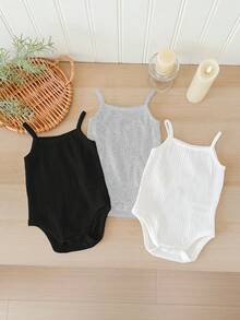 SHEIN LMoss Kids LMoss 3pcs/Set Newborn Baby Girl Cute White Knit Strap Romper Set For Summer Baby Summer Romper Toddler Romper Girl Breathable Cami Baby Clothing - Multicolor - View 2