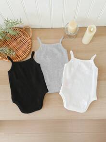 SHEIN LMoss Kids LMoss 3pcs/Set Newborn Baby Girl Cute White Knit Strap Romper Set For Summer Baby Summer Romper Toddler Romper Girl Breathable Cami Baby Clothing - Multicolor - View 6