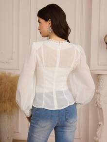 Modelyn Women's French Elegant Contrast Lace V-Neck Button Down Pleated Waist Puff Sleeve Blouse - White - View 2