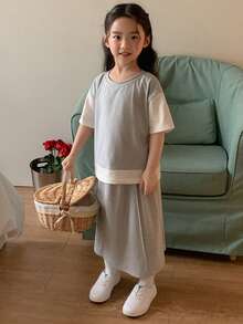 DAZY Young Girls' Round Neck Contrast Color 2 In 1 Korean Style Casual T-Shirt And Skirt Set Spring Summer - Grey - View 3