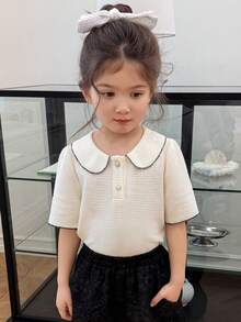 DAZY Young Girl Peter Pan Collar Short Sleeve Solid Color Korean Style T-Shirt Summer - Apricot - View 3