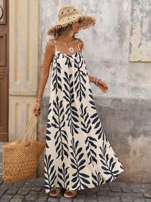 Women's Vacation Casual Plant Print Backless Spaghetti Strap Dress - Black and White - View 5