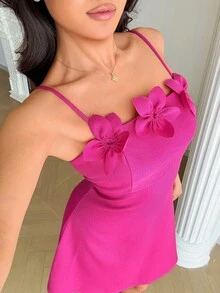 Rafferiza 浪漫立体花卉设计连衣裙，优雅派对/生日/情人节/度假礼服，玫瑰红 - 玫紅色 - 查看 4