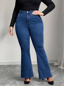 Elenzga Quần jeans ống loe dáng rộng, có túi và cúc cài, đa năng, thích hợp mặc hàng ngày, dành cho nữ, cỡ lớn. - Rửa trung bình - Xem 3