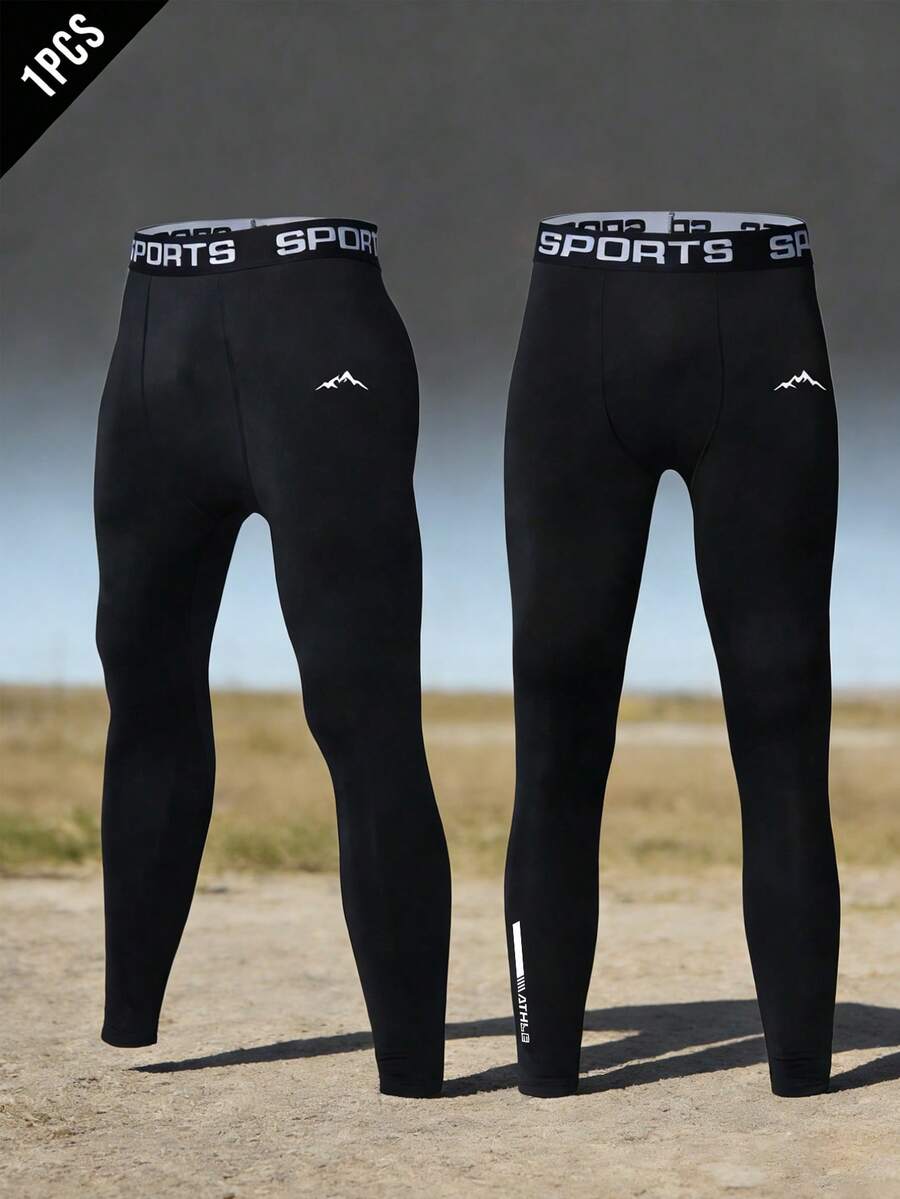 Manfinity Sport Corelite Men's Letter & Mountain Print Waistband Sports Compression Pants - Black - View 1