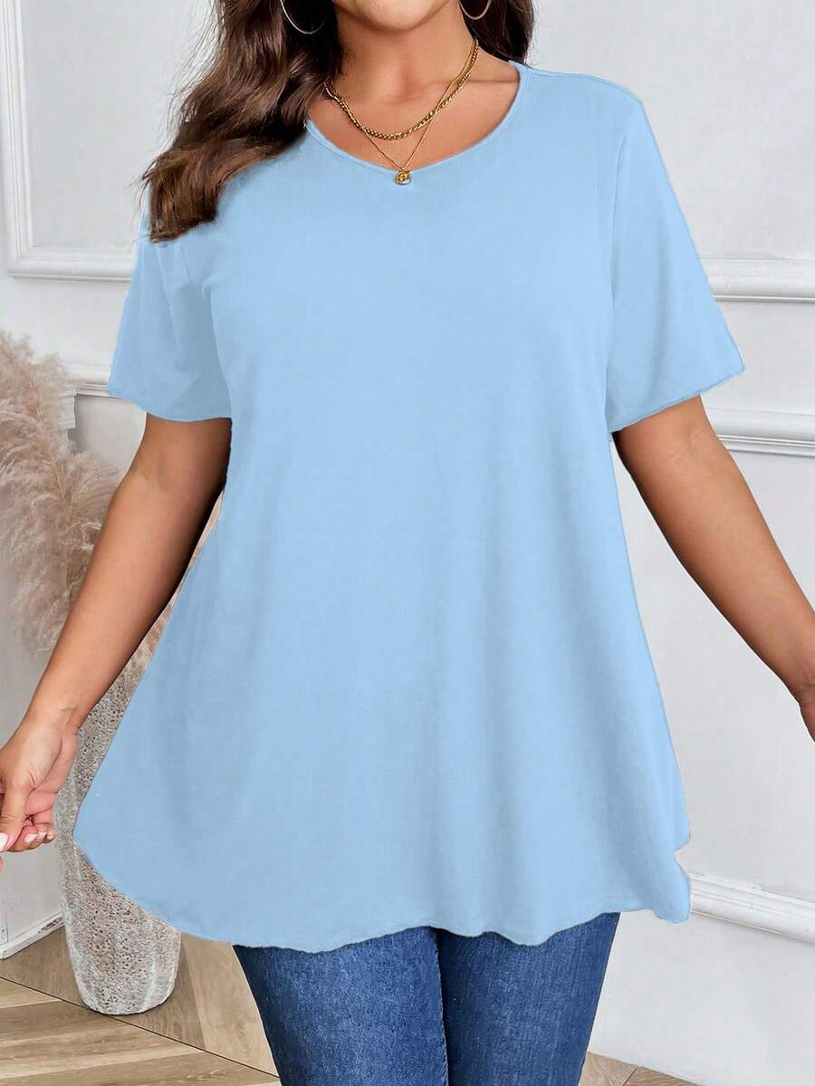 Áo thun nữ cỡ lớn, màu trơn, cổ tròn, tay ngắn, kiểu dáng thường ngày. - Màu xanh nhạt - Xem 1