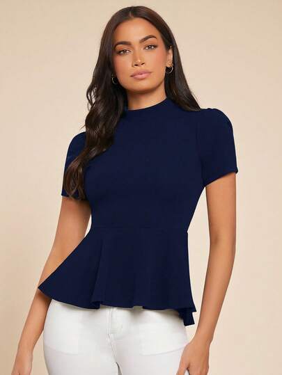 Amorya Women's Elegant Elegant Office Commute Minimalist Solid Color Stand Collar Short Sleeve Peplum Hem T-Shirt, Summer