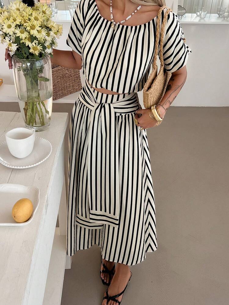 Women's Casual Striped Off-Shoulder Top And Tie-Waist Skirt 2-Piece Set, Spring/Summer