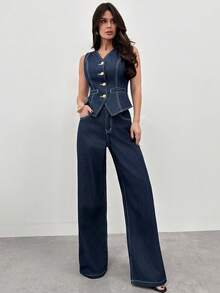 Firerie Women's V-Neck Single-Breasted Fitted Vest And Jeans Suit