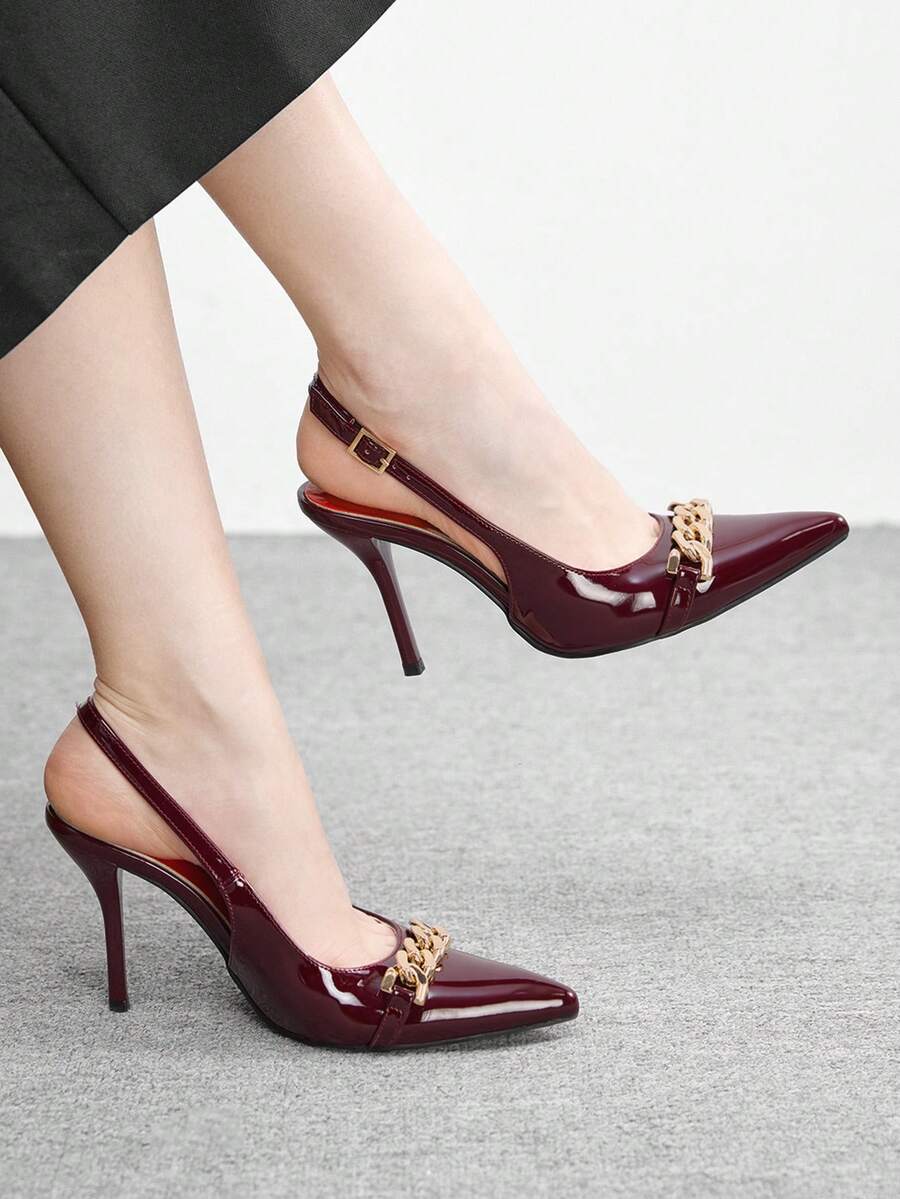 CUCCOO BIZCHIC 女士深红色漆皮金属链条装饰尖头后跟带细高跟鞋，专业时尚百搭通勤鞋 - 紅木色 - 查看 1
