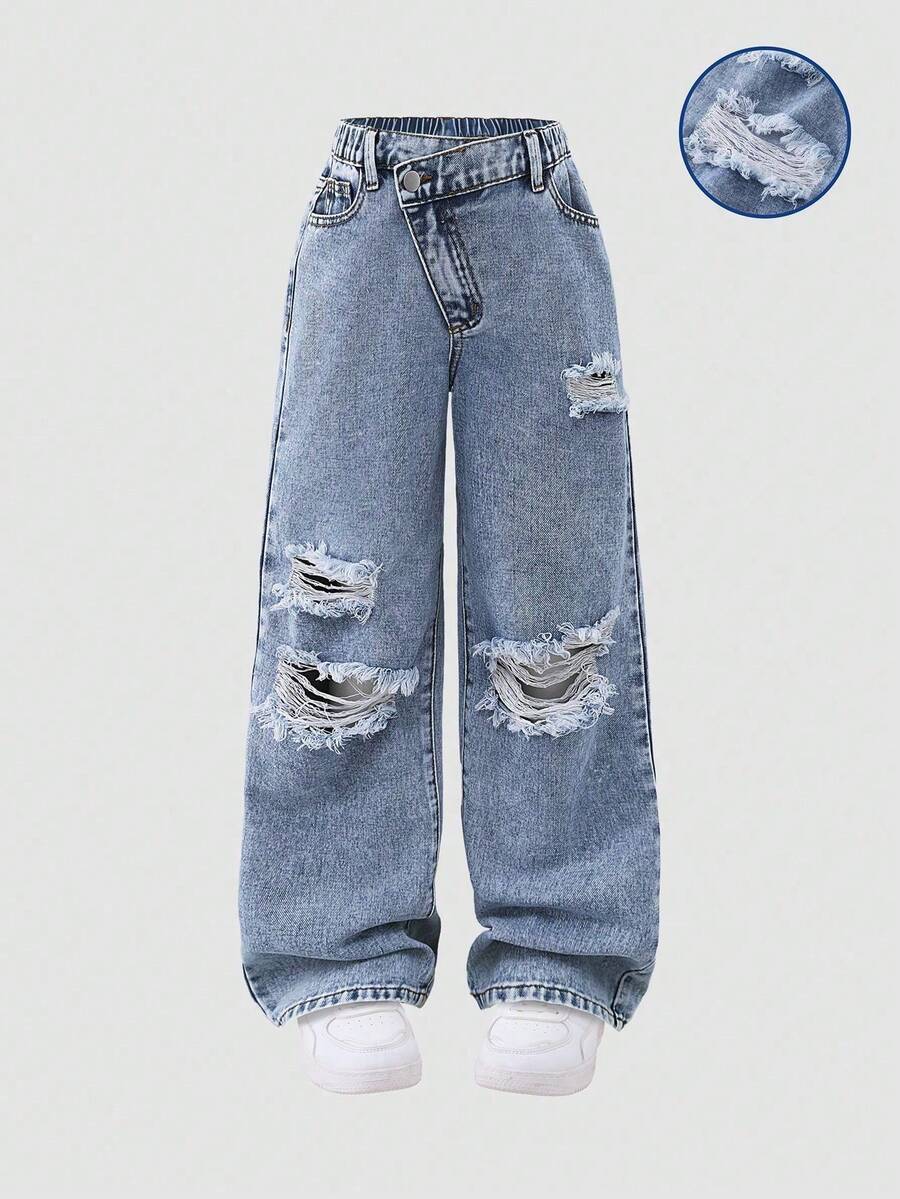 SHEIN Tween Girls Y2K Streetwear Casual Distressed Asymmetrisk Midja Mjuka Bekväma Ljustvättade Blå Jeans, Mångsidiga All-Match Vardagskläder, Vår/Sommar 2025 Nyheter - Ljustvätt - Visa 1