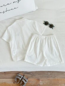 SHEIN Young Boy's Cute Summer Holiday White Printed Shirt And Elastic Waist Shorts Set,Cotton Linen Matching Outfit For Family Vacation,Birthday Party,Rave - Multicolor - View 5