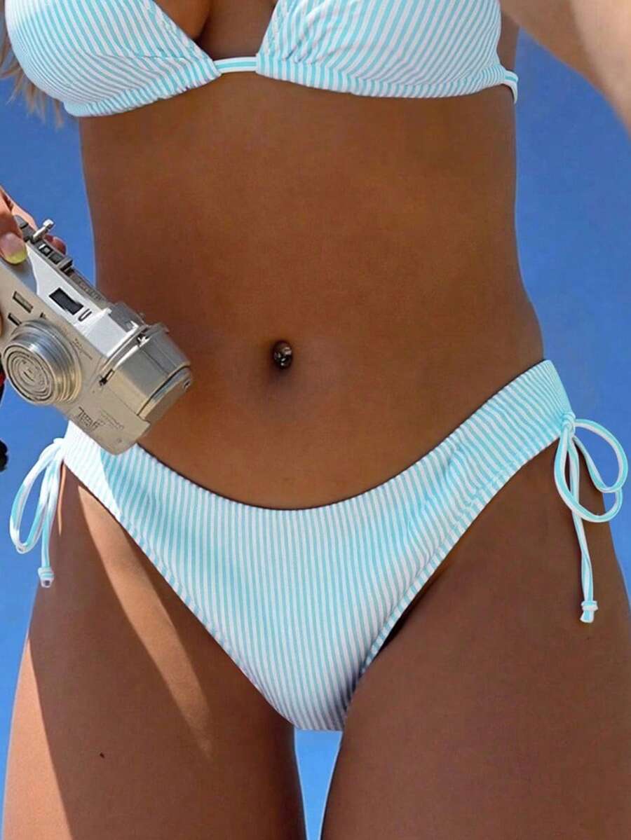 Swim Mod Women's Random Print Blue & White Striped Drawstring Bikini Bottom, Casual Beach Vacation Summer - Blue and White - View 1