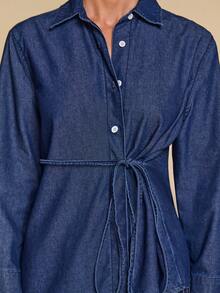 COSMINA Denim Women's Elegant Navy Blue Denim Shirt,Thin Tie-Up Blouse With Garterized Waist,Chic Cotton Casual Everyday Work Tops For Autumn,All Season Shirts - Medium Wash - View 5