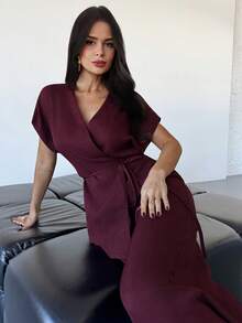 Firerie Modern Minimalist Design Burgundy 2-Piece Set: Overlapping V-Neck Tie-Waist Asymmetric Hem Blouse And Wide-Leg Pants, Made Of Soft, Skin-Friendly Fabric, Elegant And Versatile Office/Casual Wear, Suitable For Family Gatherings, Fashion Events, Spring/Summer Vacation, Day To Night, And Everyday Casual Occasions - Burgundy - View 4