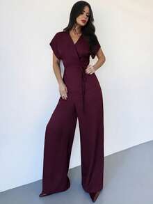 Firerie Modern Minimalist Design Burgundy 2-Piece Set: Overlapping V-Neck Tie-Waist Asymmetric Hem Blouse And Wide-Leg Pants, Made Of Soft, Skin-Friendly Fabric, Elegant And Versatile Office/Casual Wear, Suitable For Family Gatherings, Fashion Events, Spring/Summer Vacation, Day To Night, And Everyday Casual Occasions - Burgundy - View 5