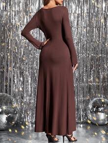 Ellevyn Đầm dệt kim tay dài cổ tròn thanh lịch, eo thắt khóa kim loại, kiểu dáng tôn dáng, phù hợp mặc hàng ngày, dự tiệc và nhiều dịp khác nhau, mùa thu - Cà phê nâu - Xem 5