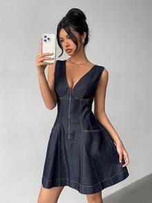 Aloruh Women's V-Neck Zipper Front Sleeveless Casual Denim Dress,Valentine's Day,Summer,Carnival,Beach,Party,Elegant Party Dress,Going Out - Blue - View 5