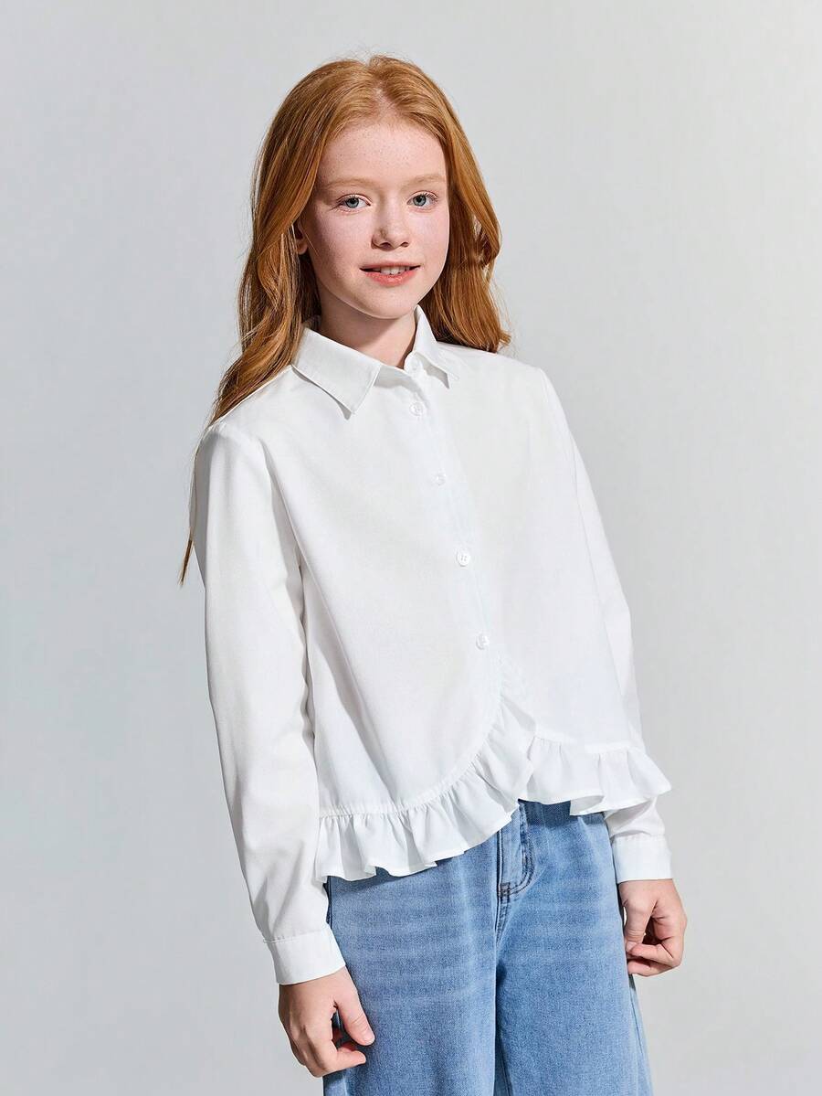 Ontre Blusa casual de manga larga con cuello con volantes para niña preadolescente - Blanco - Ver 1