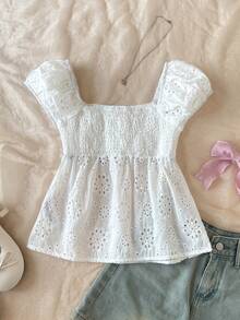 SHEIN Maglietta casual minimalista comoda con ricamo EMB e cinturino posteriore a maniche corte bianca tinta unita per ragazze pre-adolescenti - Bianco - Visualizzare 2