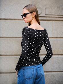 Lumivelle Valentine's Day Women's Fashionable Polka Dot Fitted Long Sleeve Elegant T-Shirt, Suitable For Work And Commute Wrap Top , Casual For Women - Black - View 2